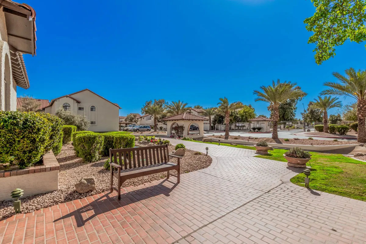 The image shows a landscaped garden with a park bench, palm trees, and a winding pathway. The sunny, inviting atmosphere suggests relaxation, socializing, or enjoying quiet moments surrounded by nature.